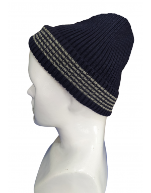 Pure Wool Cap Self Design With Border Stripes navy